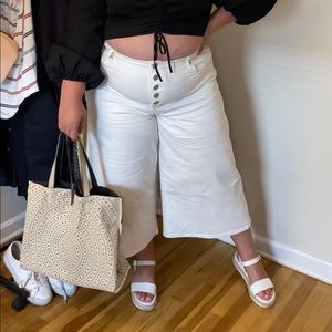 White Flare Crop Jeans with Button Fly